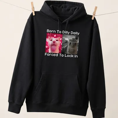 Humorous cat-themed T-shirt with pink background and funny text — printed on a unisex hoodie