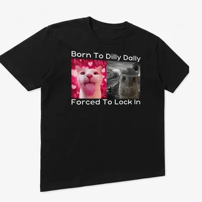 Humorous cat-themed T-shirt with pink background and funny text — printed on a unisex t-shirt (angled view)