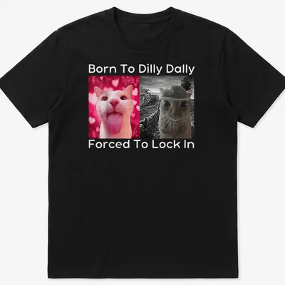 Humorous cat-themed T-shirt with pink background and funny text