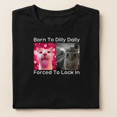 Humorous cat-themed T-shirt with pink background and funny text — printed on a women's shirt