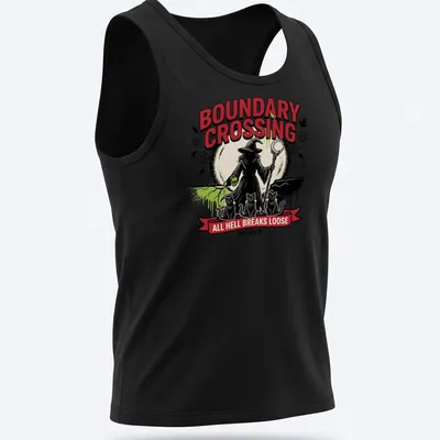 Vintage Halloween T-shirt featuring a witch and three black cats with festive text. — printed on a tank top
