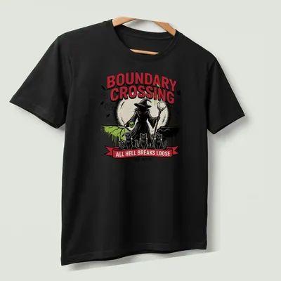 Vintage Halloween T-shirt featuring a witch and three black cats with festive text. — printed on a unisex t-shirt (angled view)