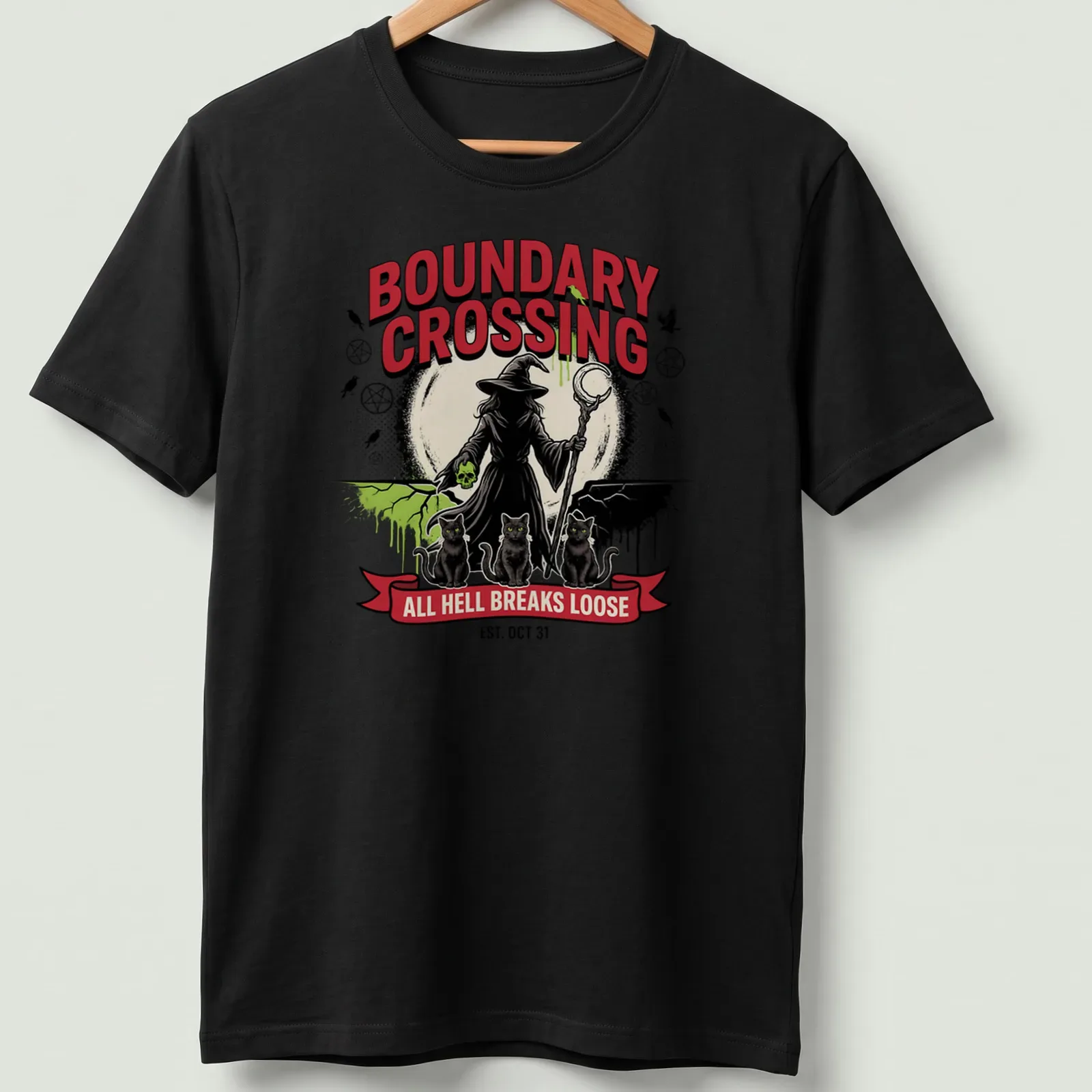 Vintage Halloween T-shirt featuring a witch and three black cats with festive text. — printed on a unisex t-shirt