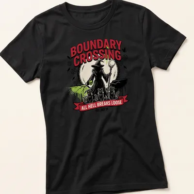 Vintage Halloween T-shirt featuring a witch and three black cats with festive text. — printed on a women's shirt