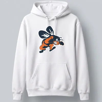 Cartoon boxing bee in navy, orange, and white, ready to throw a punch — printed on a unisex hoodie