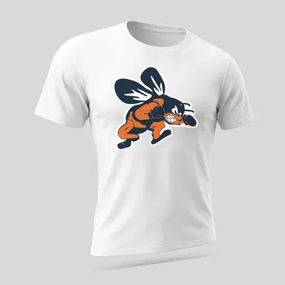 Cartoon boxing bee in navy, orange, and white, ready to throw a punch — printed on a unisex t-shirt (angled view)