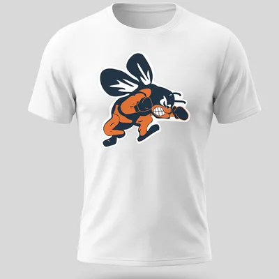 Cartoon boxing bee in navy, orange, and white, ready to throw a punch