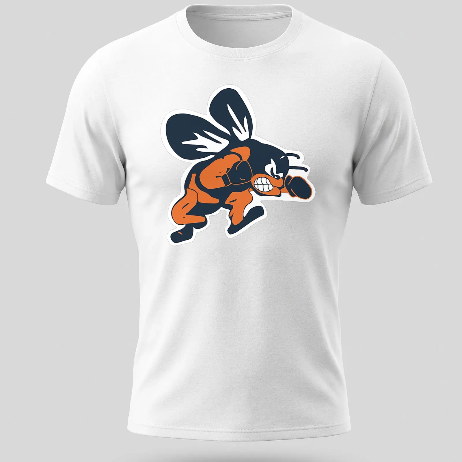 Cartoon boxing bee in navy, orange, and white, ready to throw a punch — printed on a unisex t-shirt