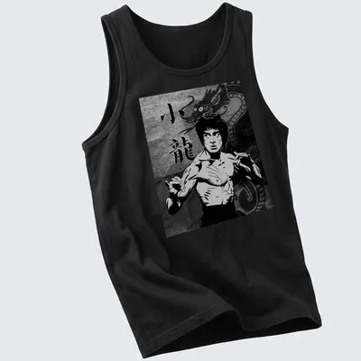 Comic-style shirt featuring Bruce Lee and the text 小龍 in black, white, and gray. — printed on a tank top