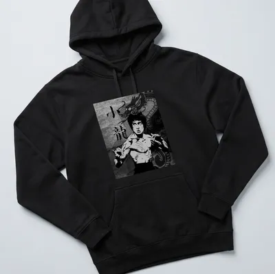 Comic-style shirt featuring Bruce Lee and the text 小龍 in black, white, and gray. — printed on a unisex hoodie