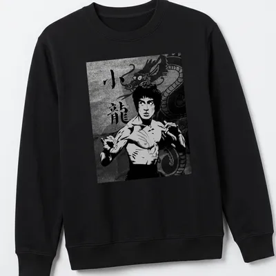 Comic-style shirt featuring Bruce Lee and the text 小龍 in black, white, and gray. — printed on a unisex sweatshirt