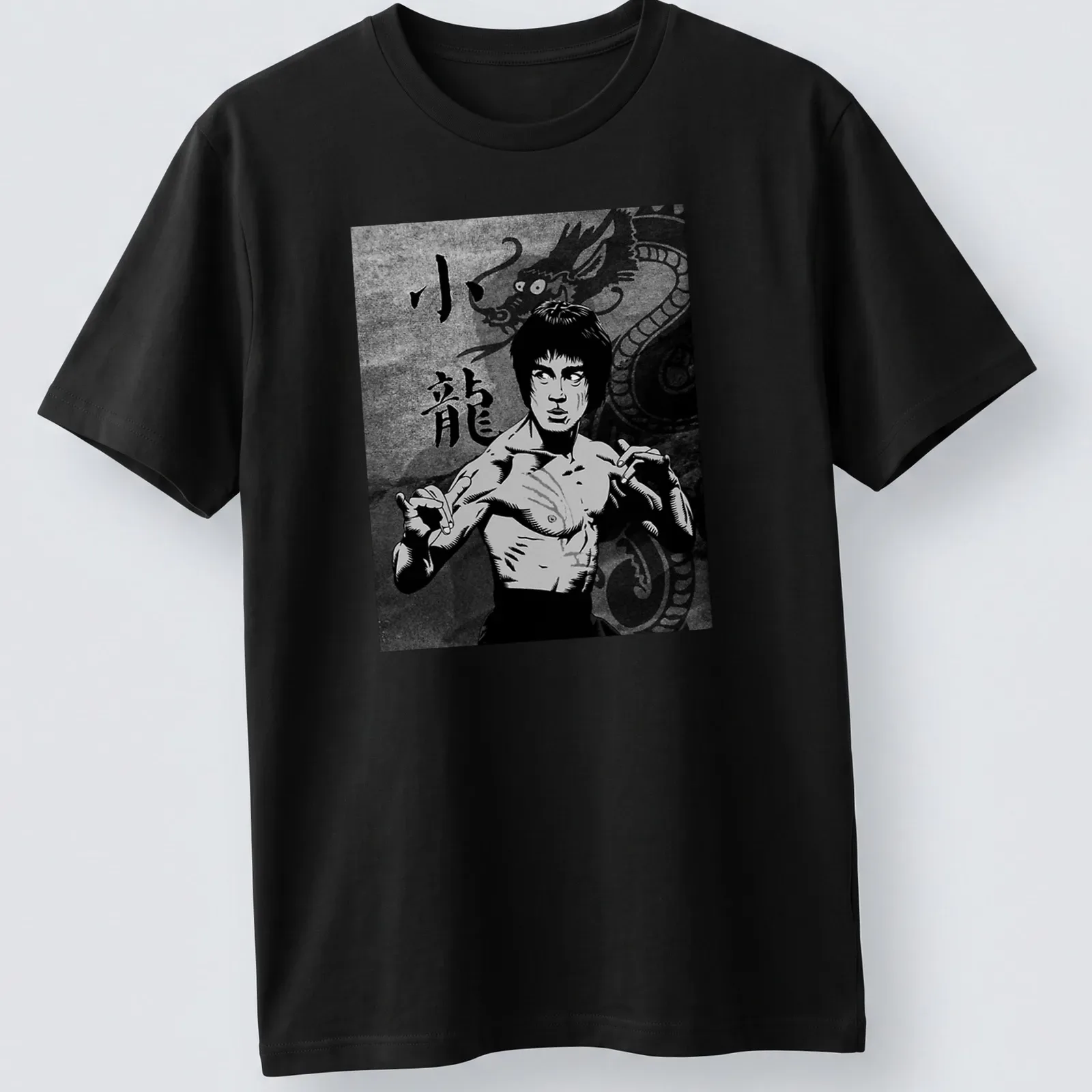Comic-style shirt featuring Bruce Lee and the text 小龍 in black, white, and gray. — printed on a unisex t-shirt