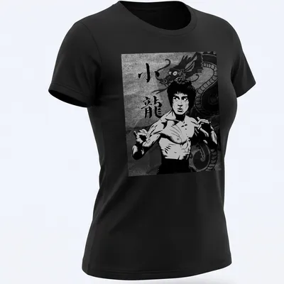 Comic-style shirt featuring Bruce Lee and the text 小龍 in black, white, and gray. — printed on a women's shirt