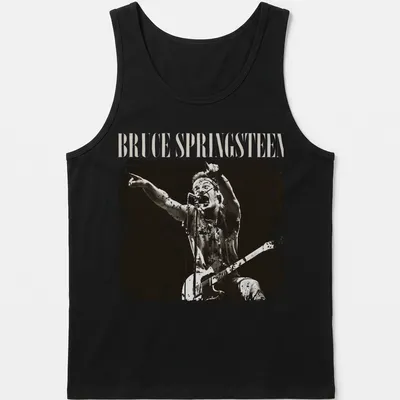 Vintage distressed t-shirt featuring Bruce Springsteen in black and cream typography — printed on a tank top