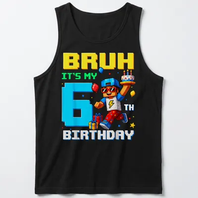 Colorful pixel art t-shirt featuring a birthday boy character and text for a 6th birthday — printed on a tank top