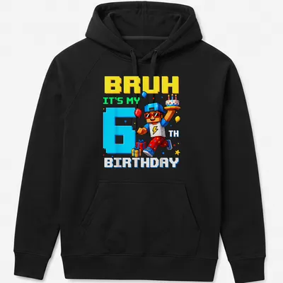 Colorful pixel art t-shirt featuring a birthday boy character and text for a 6th birthday — printed on a unisex hoodie