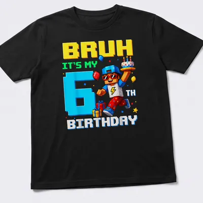 Colorful pixel art t-shirt featuring a birthday boy character and text for a 6th birthday