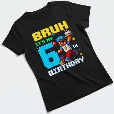 Colorful pixel art t-shirt featuring a birthday boy character and text for a 6th birthday — printed on a women's shirt