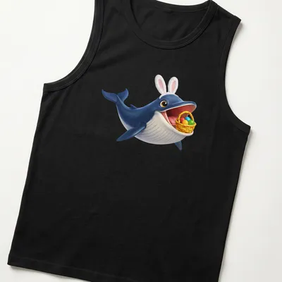 Cartoon Bryde's whale in bunny ears surrounded by colorful Easter eggs — printed on a tank top
