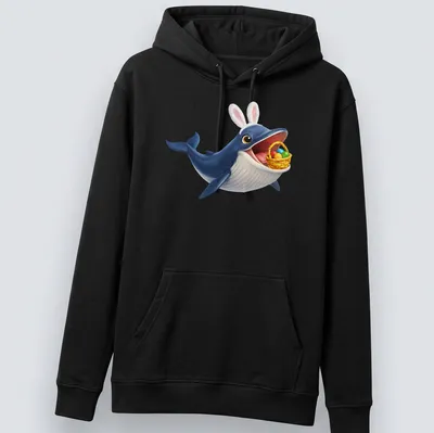 Cartoon Bryde's whale in bunny ears surrounded by colorful Easter eggs — printed on a unisex hoodie