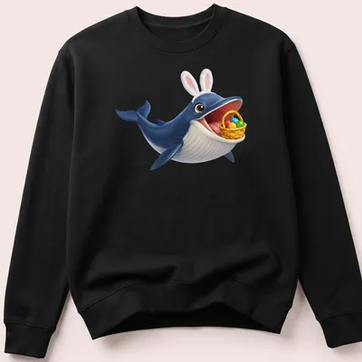 Cartoon Bryde's whale in bunny ears surrounded by colorful Easter eggs — printed on a unisex sweatshirt