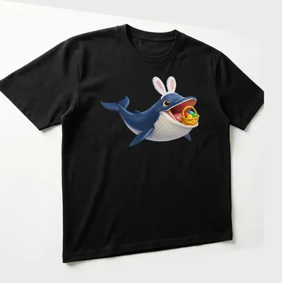 Cartoon Bryde's whale in bunny ears surrounded by colorful Easter eggs — printed on a unisex t-shirt (angled view)