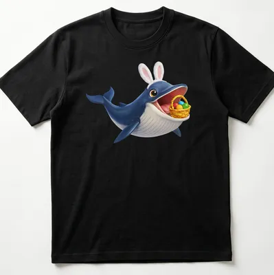 Cartoon Bryde's whale in bunny ears surrounded by colorful Easter eggs
