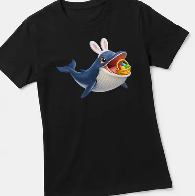 Cartoon Bryde's whale in bunny ears surrounded by colorful Easter eggs — printed on a women's shirt