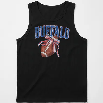 Vintage distressed t-shirt featuring a football with a bow and the text BUFFALO — printed on a tank top