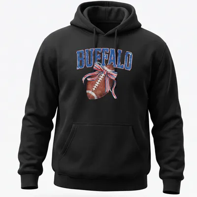 Vintage distressed t-shirt featuring a football with a bow and the text BUFFALO — printed on a unisex hoodie