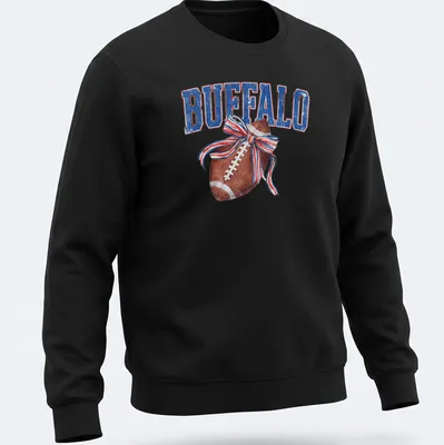 Vintage distressed t-shirt featuring a football with a bow and the text BUFFALO — printed on a unisex sweatshirt