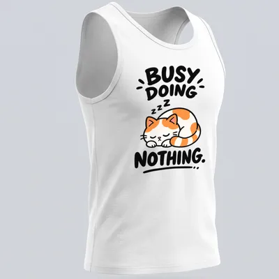 Kawaii line-art of a calico cat with text 'BUSY DOING NOTHING' in orange, white, black — printed on a tank top