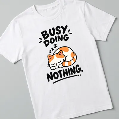 Kawaii line-art of a calico cat with text 'BUSY DOING NOTHING' in orange, white, black