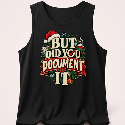 Colorful festive print with Christmas elements and text about documenting moments. — printed on a tank top