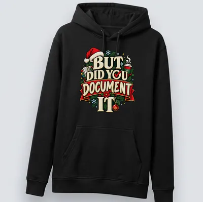 Colorful festive print with Christmas elements and text about documenting moments. — printed on a unisex hoodie