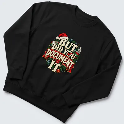 Colorful festive print with Christmas elements and text about documenting moments. — printed on a unisex sweatshirt