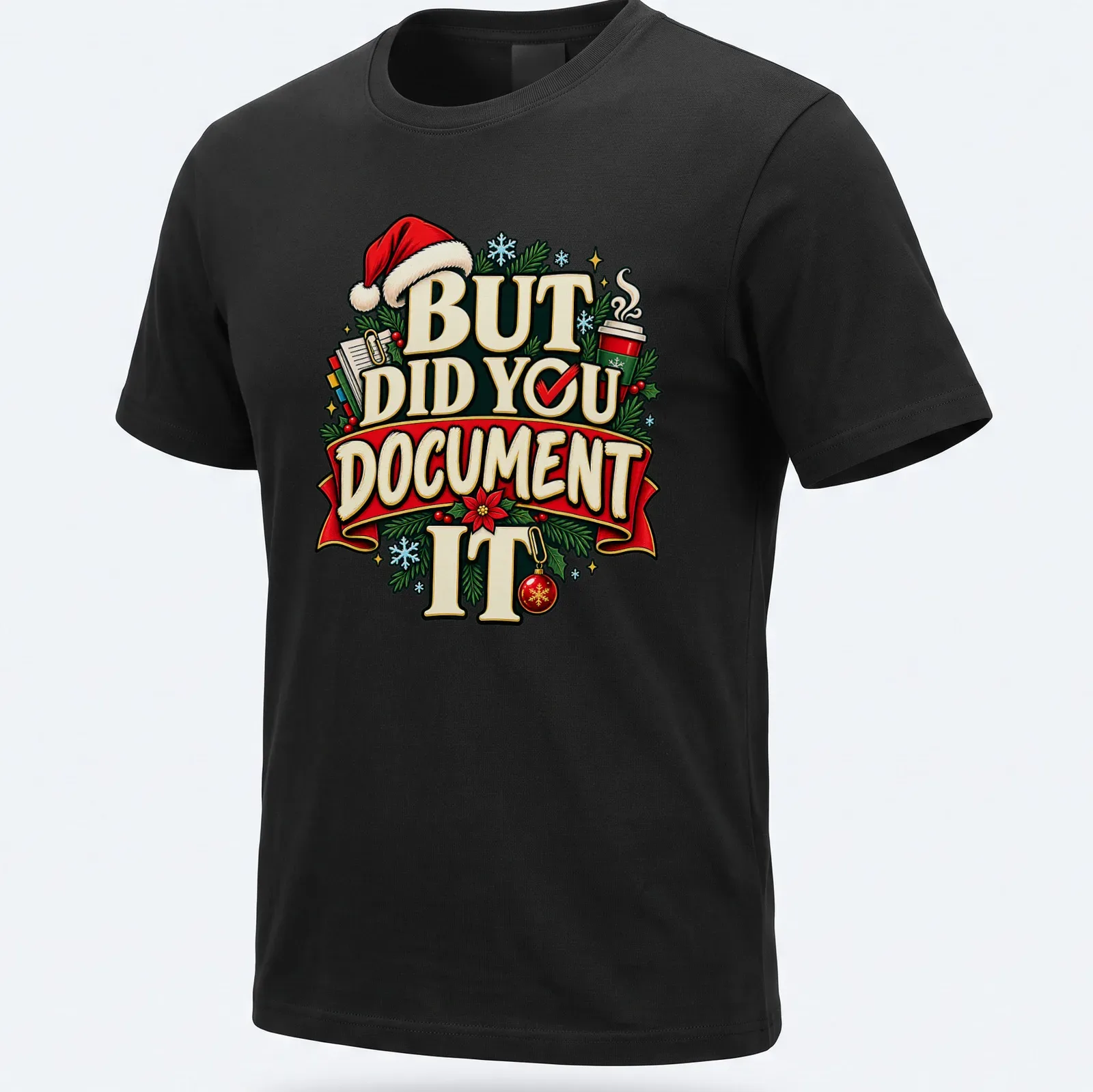 Colorful festive print with Christmas elements and text about documenting moments. — printed on a unisex t-shirt