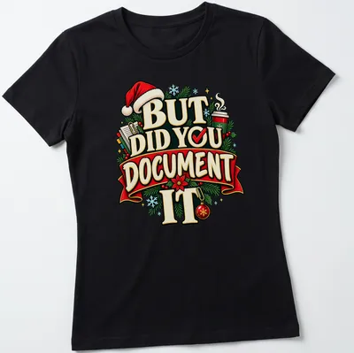 Colorful festive print with Christmas elements and text about documenting moments. — printed on a women's shirt