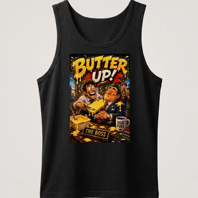 Office humor T-shirt with cartoon characters and 'BUTTER UP!' text — printed on a tank top