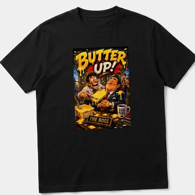 Office humor T-shirt with cartoon characters and 'BUTTER UP!' text