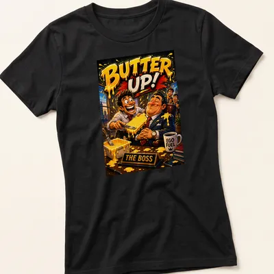Office humor T-shirt with cartoon characters and 'BUTTER UP!' text — printed on a women's shirt