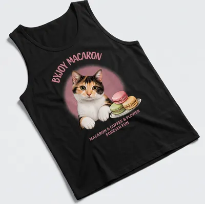 Cute calico cat surrounded by macarons and flowers with playful text — printed on a tank top