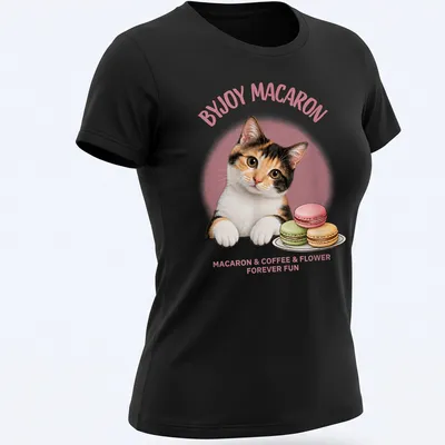 Cute calico cat surrounded by macarons and flowers with playful text — printed on a women's shirt