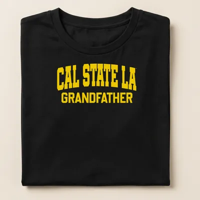 Bold collegiate Cal State L.A. Grandfather T-shirt in yellow — printed on a women's shirt