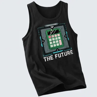 Retro distressed tee featuring a calculator with the text Calculating The Future — printed on a tank top