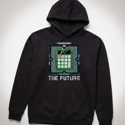 Retro distressed tee featuring a calculator with the text Calculating The Future — printed on a unisex hoodie