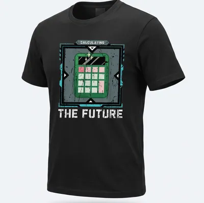 Retro distressed tee featuring a calculator with the text Calculating The Future