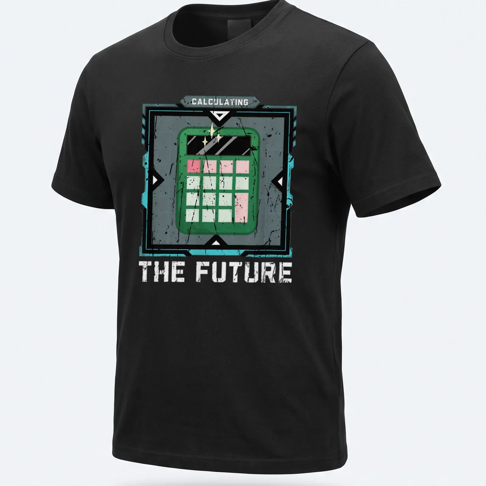 Retro distressed tee featuring a calculator with the text Calculating The Future — printed on a unisex t-shirt