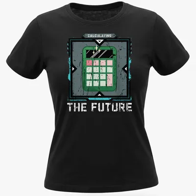 Retro distressed tee featuring a calculator with the text Calculating The Future — printed on a women's shirt