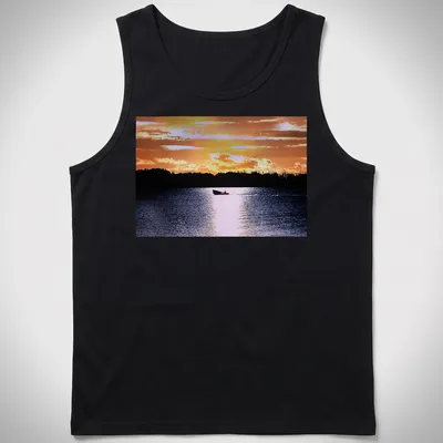 Boat silhouette against a colorful sunset in orange, yellow, and blue — printed on a tank top
